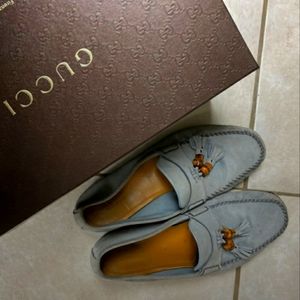 Gucci bamboo tassel light blue suede loafers